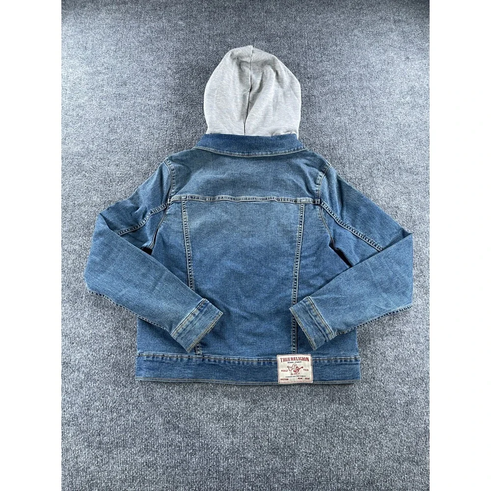 True Religion Mens Medium Blue Denim Hooded Trucker Jacket Jersey Hood Wash
